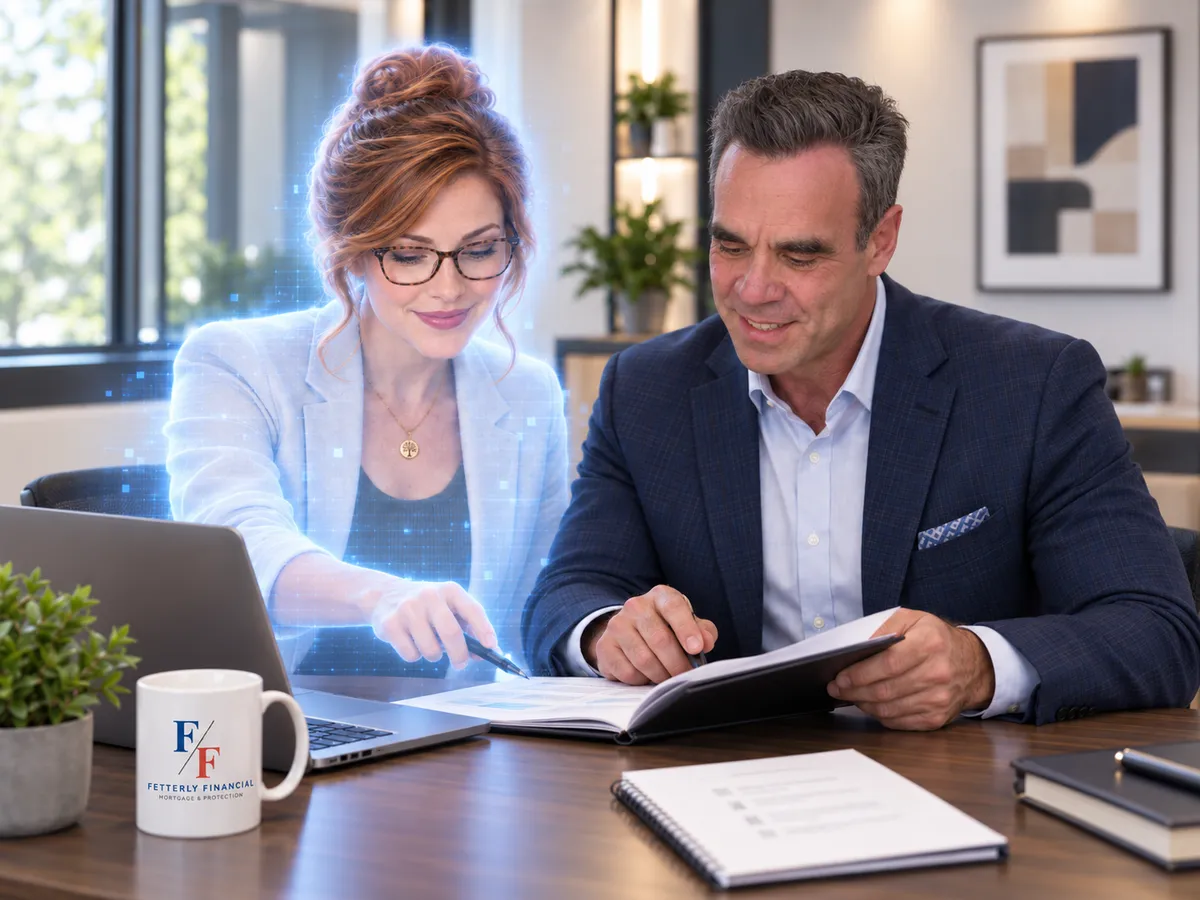Alan reviewing mortgage documents alongside Alana, illustrated as a glowing AI assistant.